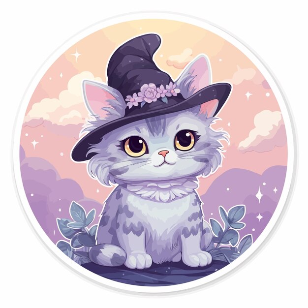 Witchs hat on cute cat illustration