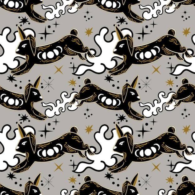 Witchy esoteric seamless pattern with rabbits Oriental vibes