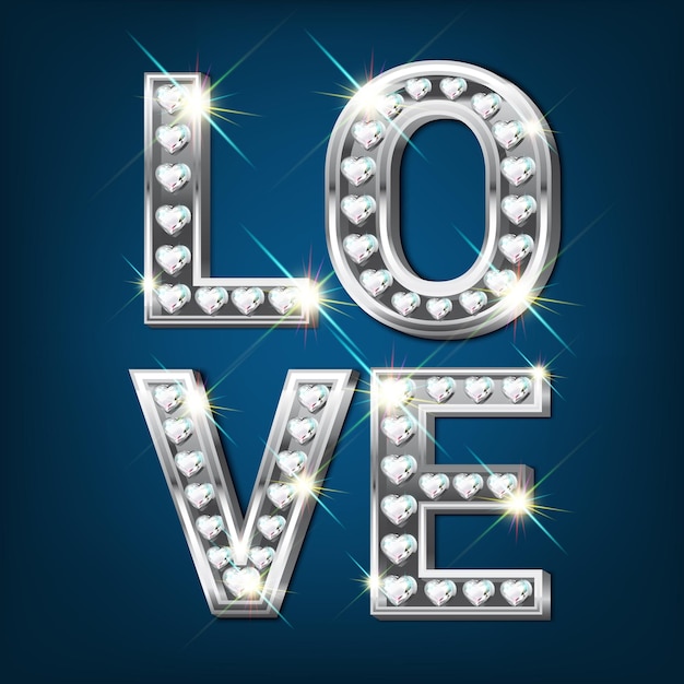 Vector witgoud woord love. gemaakt van zilveren letters met fonkelende diamanten in de vorm van een hart. valentijnsdag