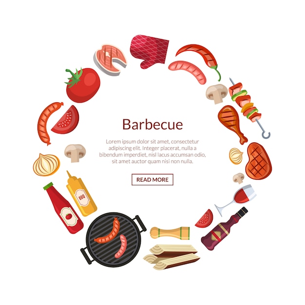 With barbecue, grill or steak cooking elements in circle with place for text in center