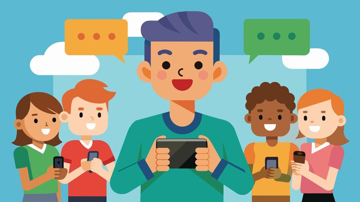 Vector with a confident tone a young vlogger explains the pros and cons of a newly released handheld gaming