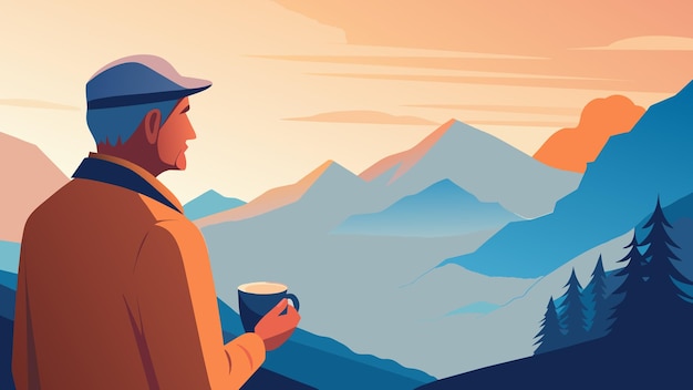 手に蒸るお茶のカップを持った年配の男性が広がる高い山脈を眺めています