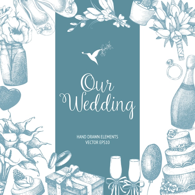Vector   with hand drawn wedding illustration  on white. wedding sketch background. vintage template