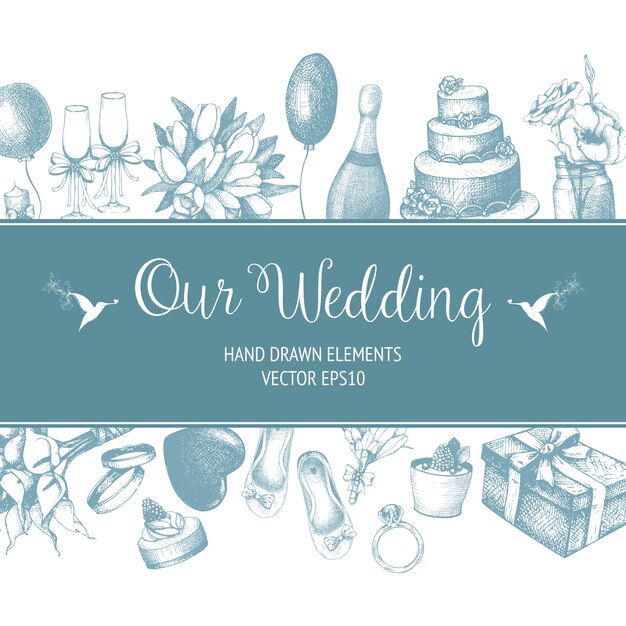 Vector   with hand drawn wedding illustration  on white. wedding sketch background. vintage template