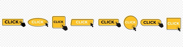 Con la mano o il cursore del mouse. simbolo del cursore del mouse del computer o del puntatore della mano. fare clic qui segno pulsante web isolato. set di icone vettoriali di contorno