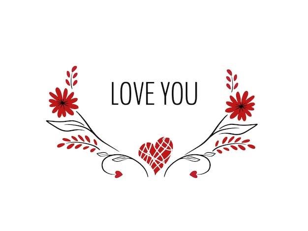 With love lettering Vector round frame wreath from outline tulips and hearts Hand drawn doodle isolated Background border for greeting card invitation wedding