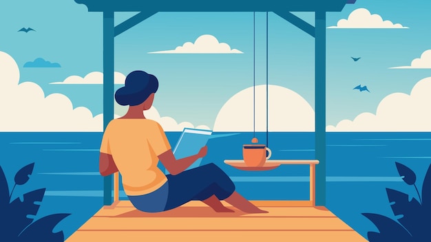 Vector with a view of the ocean and a gentle breeze a stoic reader sits on a porch swing sipping tea and