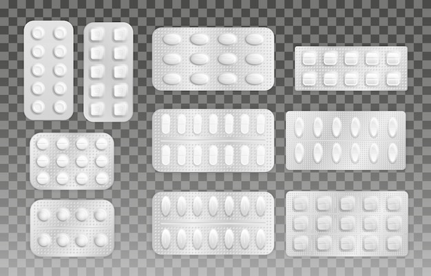 Witte 3d blisterverpakking van tablet. realistische tabletten in verpakking om ziekte en pijn te behandelen. medicijnpillen en capsulepacks, witte 3d-medicijnen en vitamines. realistische verpakking van medicijnantibiotica.