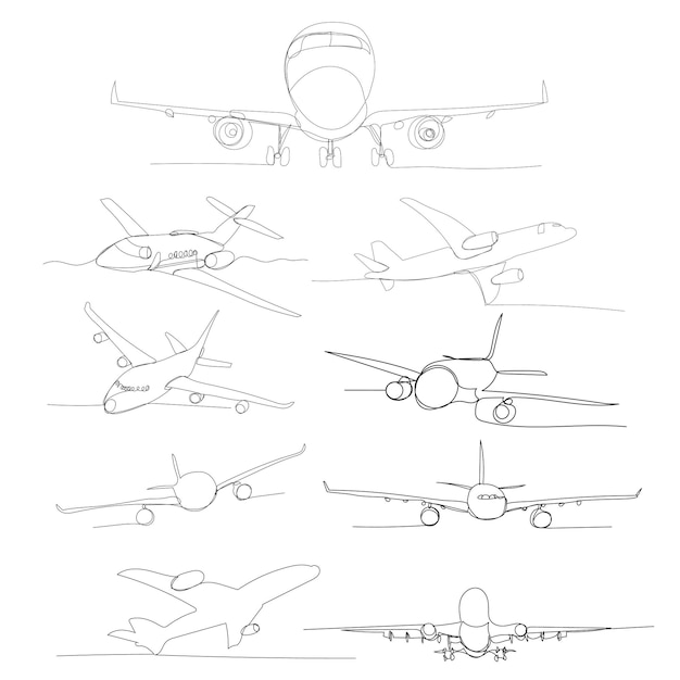 Vector witte achtergrond vliegtuigtekening in één doorlopende lijnset