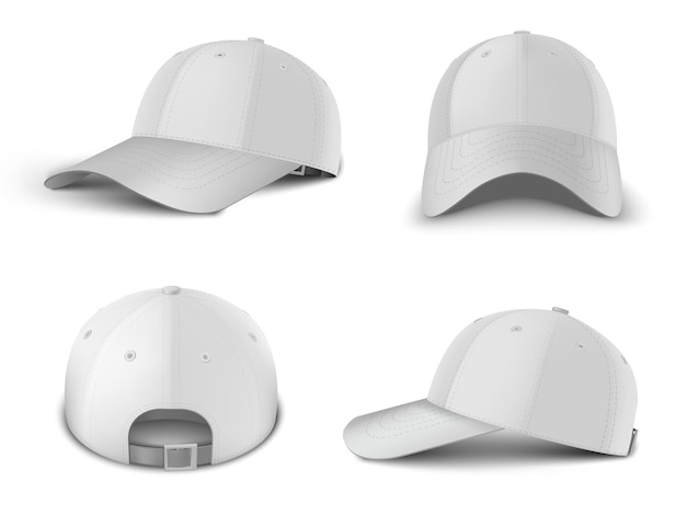 Witte baseballcap kant 3/4 perspectief, voorkant, achterkant weergave realistische vector sjabloon set. bespotten voor branding en reclame geïsoleerd op transparante achtergrond.