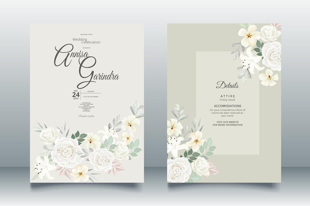 Witte bloemen bruiloft uitnodiging sjabloon bruiloft uitnodiging groen en witte rozen premium vector