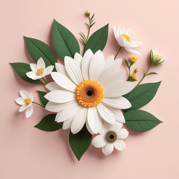 witte bloemen en madeliefje op roze achtergrond witte bloemetjes en madelifie op roze agtergrond 3D-rendering