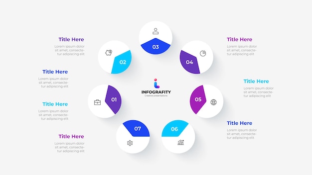 Witte cirkels met gekleurde segmenten in de vorm van een heptagon Cycle infographic diagram met 7 stappen