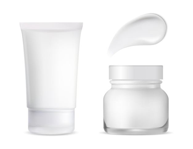 Vector witte cosmetische crème tube. zalfpotje voor vochtscrub, blanco cosmetisch product. crème textuur uitstrijkje