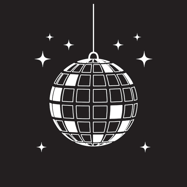Vector witte discobal met retro sterren op een zwarte achtergrond 70s retro print voor graphic tee