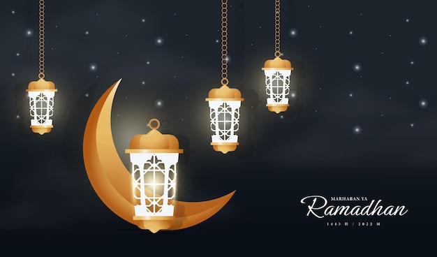 Witte en gouden lantaarn hangend met zwarte kleur ramadhan achtergrond