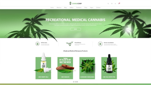 Witte en groene website-ontwerpsjabloon en interface-elementen cannabiswinkel
