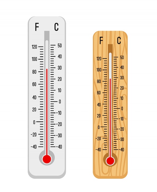 Witte en houten thermometers of temperatuurmeters die op wit worden geïsoleerd