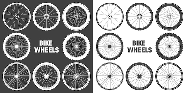 Witte fietswiel symbolen collectie fiets rubberen band silhouetten fitness fiets weg en berg