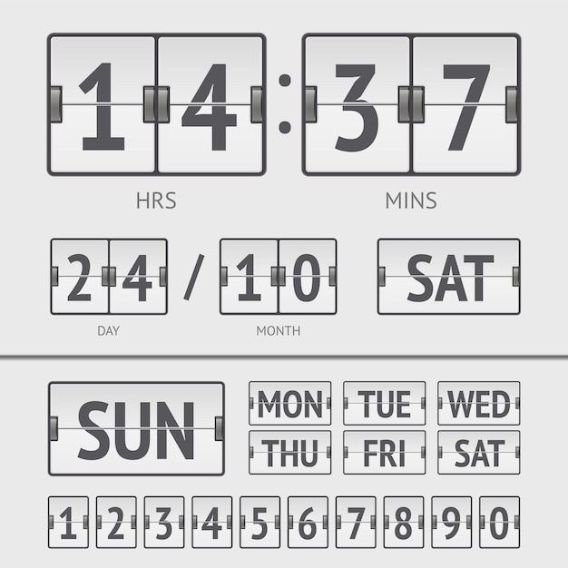 Witte flip scorebord digitale timer met datum en tijd van de week
