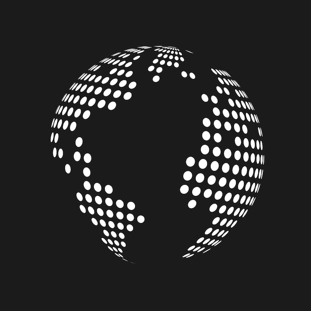 Witte gestippelde 3d aarde wereldkaart wereldbol op zwarte achtergrond. Vector illustratie.