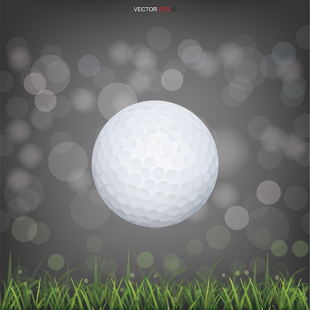 Vector witte golfbal op groen grasveld en licht wazig bokeh achtergrond. vector illustratie.