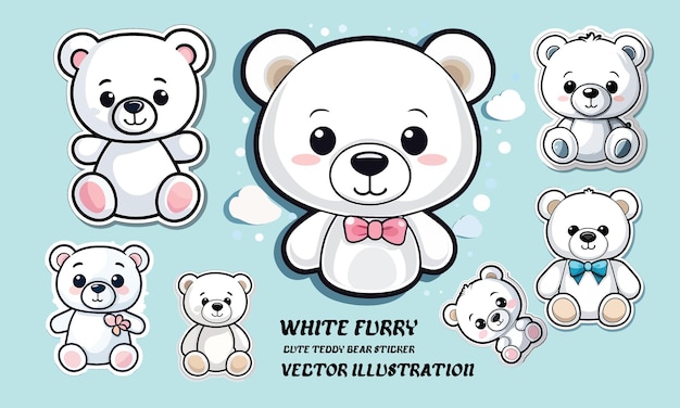 Witte harige schattige teddybeer sticker vector illustratie 2d amp Tshirt Design