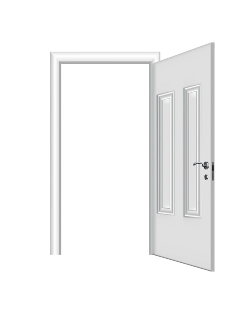 Witte ingang geopend. Realistische deur met frame geïsoleerd op een witte achtergrond. Schone witte deur ontwerpsjabloon. Decoratief huiselement.