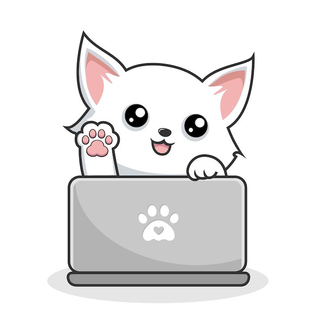 Witte Kat die Laptop Notitieboekje speelt Leuke Witte Poes Kat Zwaaiende Poten