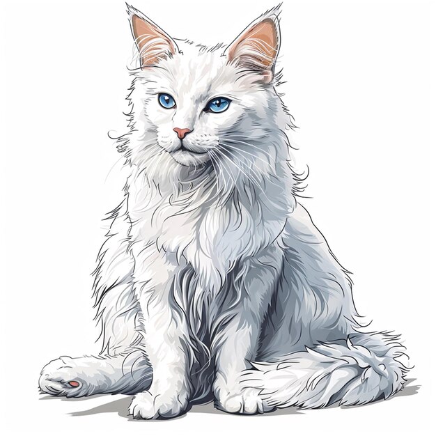 Witte kat met blauwe ogen zit op een witte achtergrond Vector illustratie