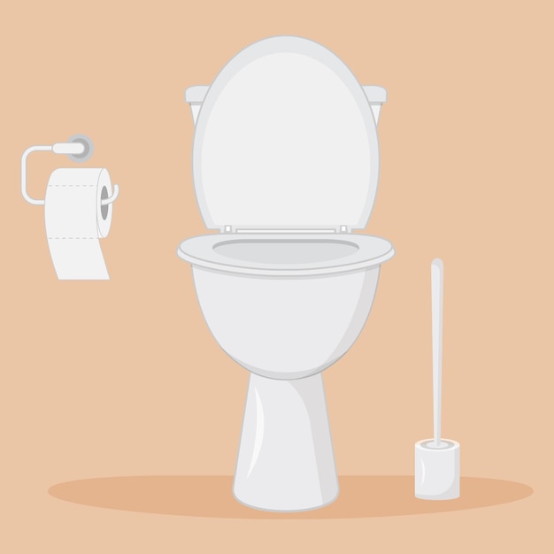 Witte keramische toiletpot met borstel en toiletpapier Vectorillustratie