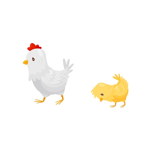 Vector witte kip die met een klein geel kuiken loopt huishoudelijke vogel cartoonpersonages van boerderijvogels grafisch element voor kinderen boek of poster kleurige platte vectorillustratie geïsoleerd op witte achtergrond