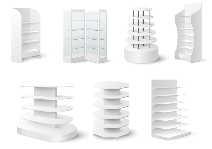 Vector witte lege showcase display mockup set vector illustratie retail display stand rack glazen kast sto...