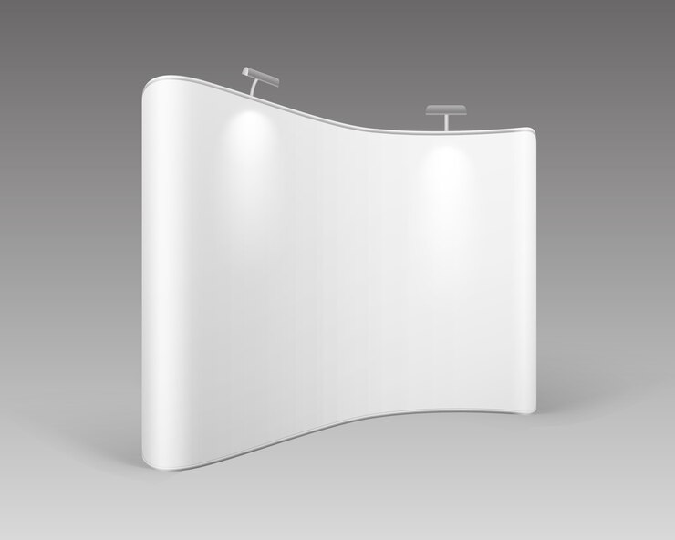 Vector witte lege vakbeurs pop-up stands voor presentatie met achtergrondverlichting op witte achtergrond