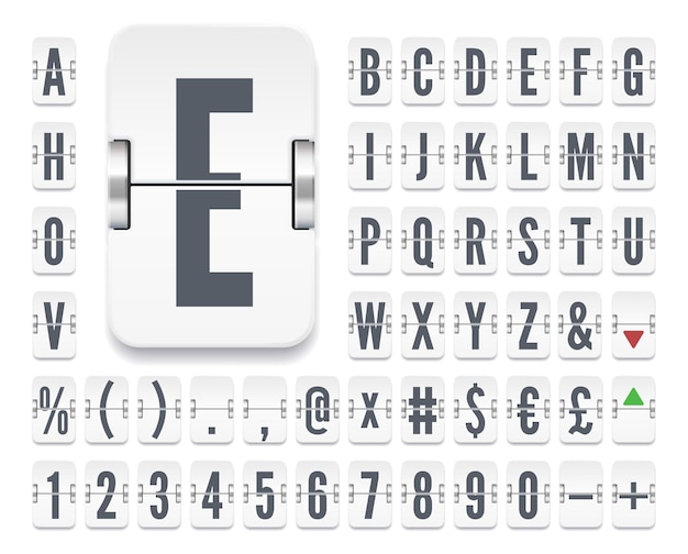 Witte luchthaven mechanische flip scorebord terminal alfabet lettertype met cijfers voor financiële beurskoersen of vlucht bestemming en vertrek info Vector illustratie