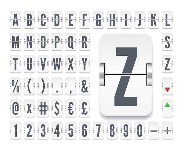 Witte luchtvaartmaatschappij flip board reguliere alfabet wisselkoersen Luchthaven terminal mechanisch scorebord lettertype voor vertrek en financiële informatie weergegeven: vectorillustratie