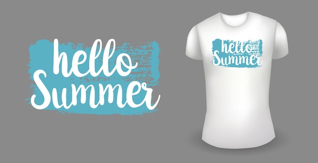 Vector witte mannelijke realistische t-shirt met label hallo zomer badge vector