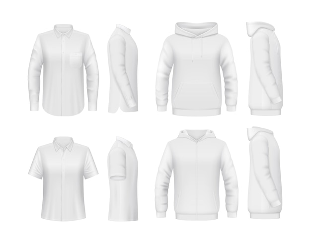 Witte mannen shirt hoody en polo mockups vector geïsoleerde sjablonen van sweatshirt of sweater Witte hoodie mock ups met lege voor- en achter casual menswear of man sportkleding en polo shirts