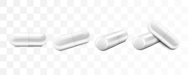 Witte medische pillen of capsules dichtop geïsoleerd op een doorzichtige achtergrond Capsules