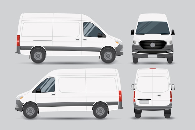 Vector witte minivan cargo van voorkant achterkant zijaanzicht mockup