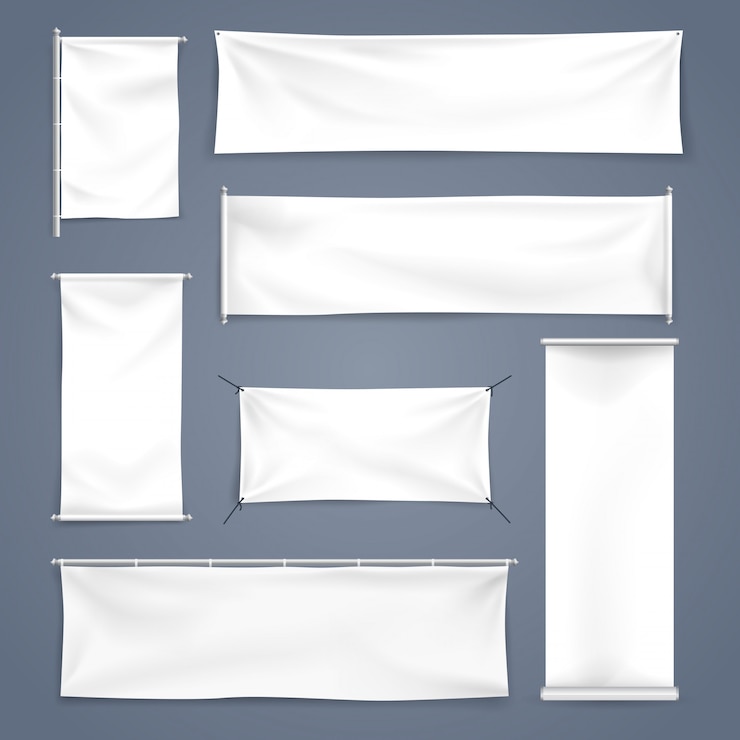 Vector witte mock up textiel en oprollen banner met plooien, vectorillustratie