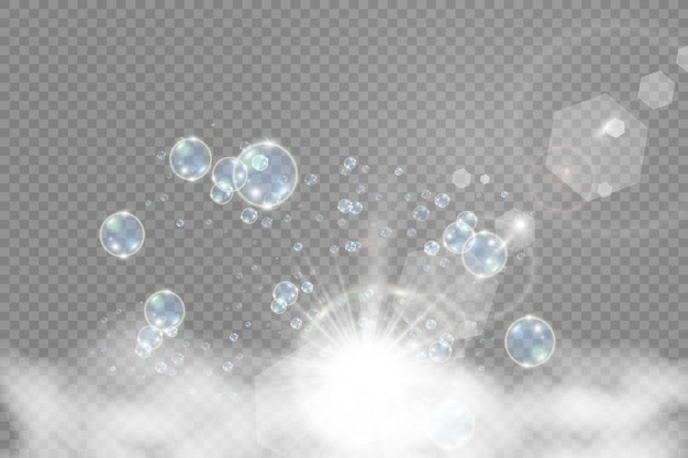 Witte mooie bubbels op een transparante achtergrond vectorillustratie. Bubbel.