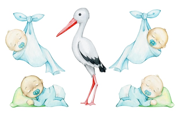 Witte ooievaarsbaby's slapen in blauwe overalls en gewikkeld in een laken Aquarelsetelementen voor feestelijke illustraties