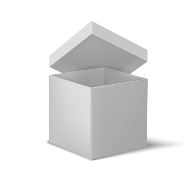Witte open doos Realistische kartonnen kubus 3D lege container met deksel en schaduweffect Geometrische vierkante vorm met scherpe randen Mockup van huidige of verrassingsverpakkingsvectorsjabloon