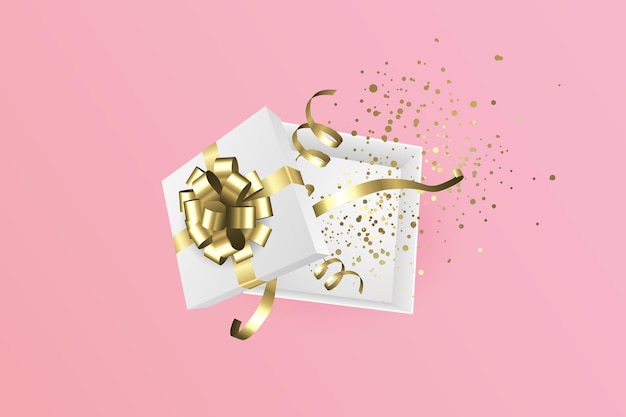 Witte open geschenkdoos met een gouden strik Kerst- en verjaardagscadeaucollectie