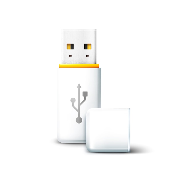 witte open USB-flashdrive op witte achtergrond. Overdracht en opslag van gegevens, informatie