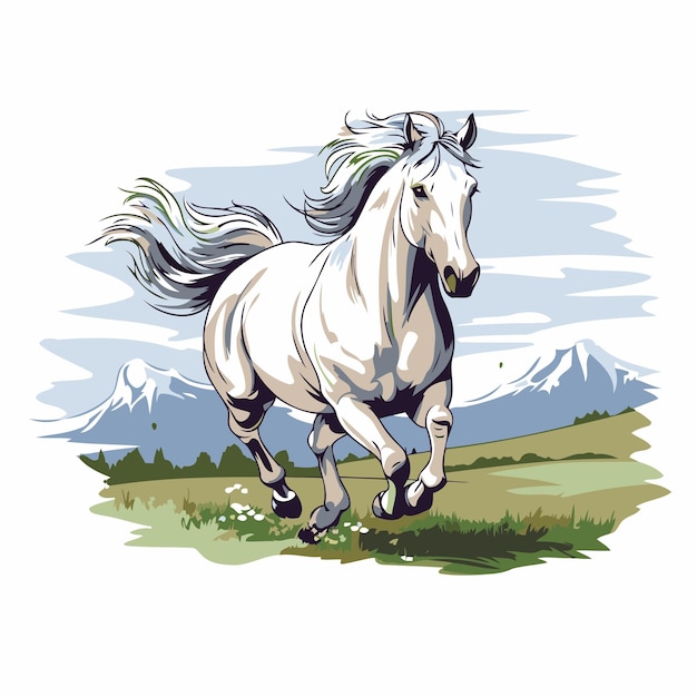 Witte paard loopt in het veld Vector illustratie voor uw ontwerp