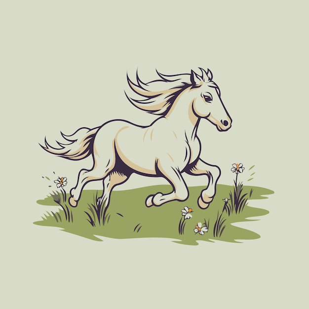 Witte paard loopt op een groene weide met bloemen Vector illustratie