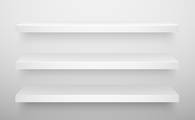 Vector witte plank mockup sjabloon voor lege planken realistisch boekenplankontwerp interieurelementen aan de muur