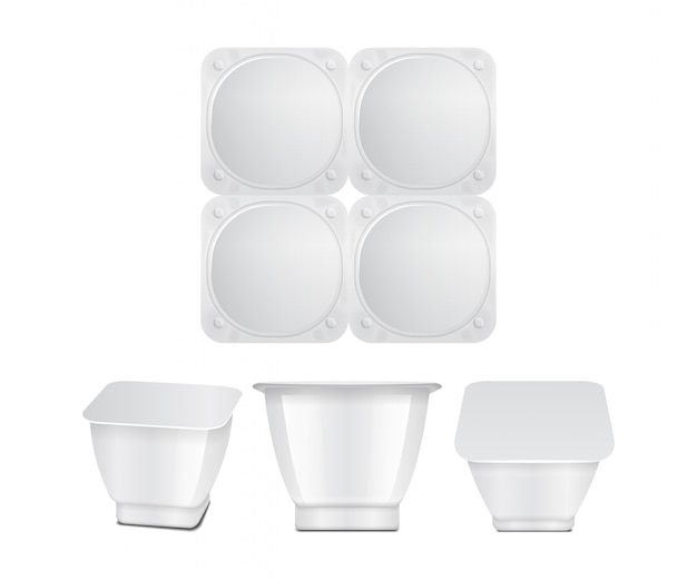 Witte plastic container met plasticfolie of foliedeksel. Voor zuivelproducten, yoghurt, room, dessert, jam. vierkante verpakking. Voor-, boven-, zijaanzicht